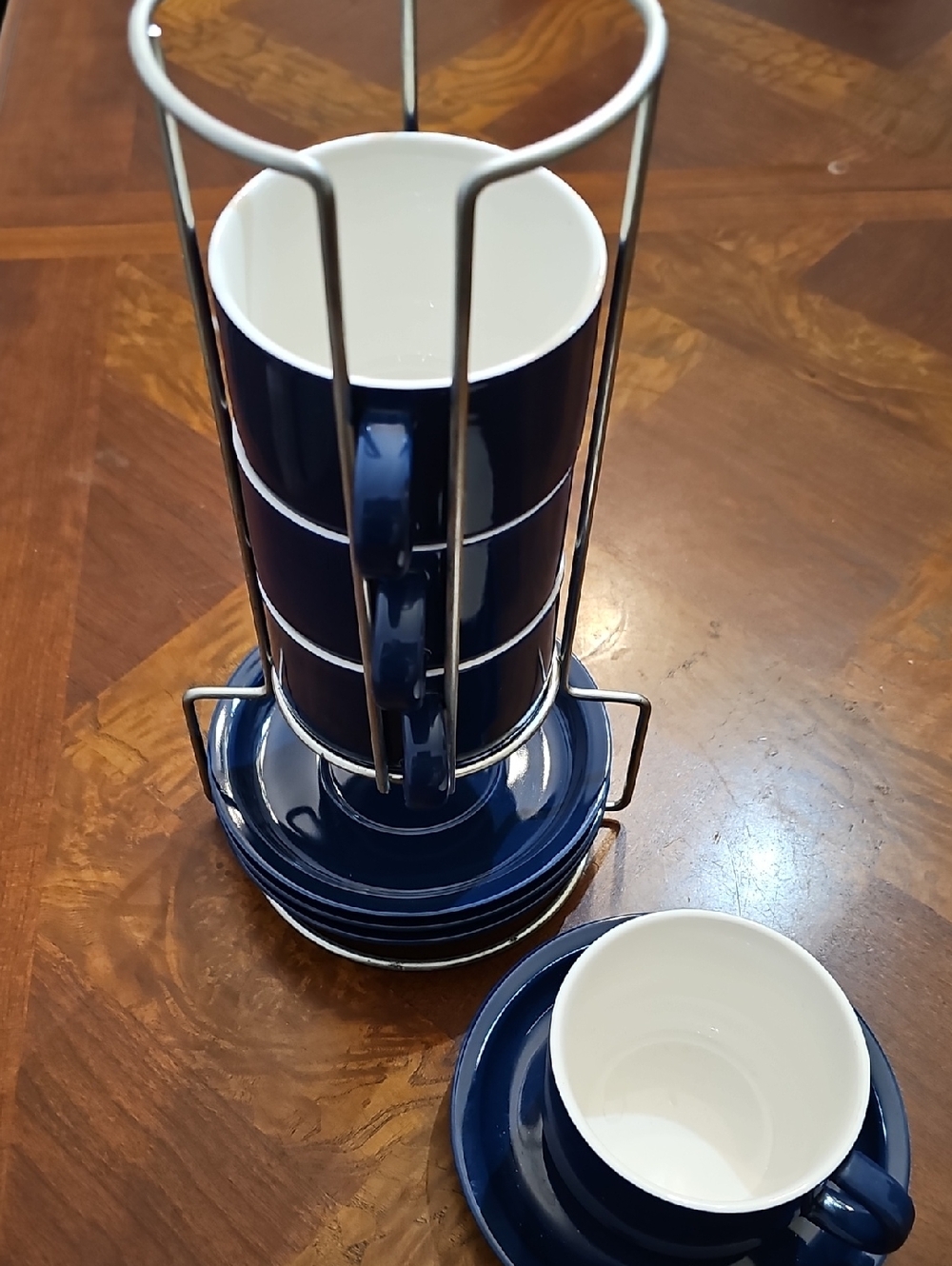 Navy Blue Stacked Ceramic Coffee Mugs with Saucers